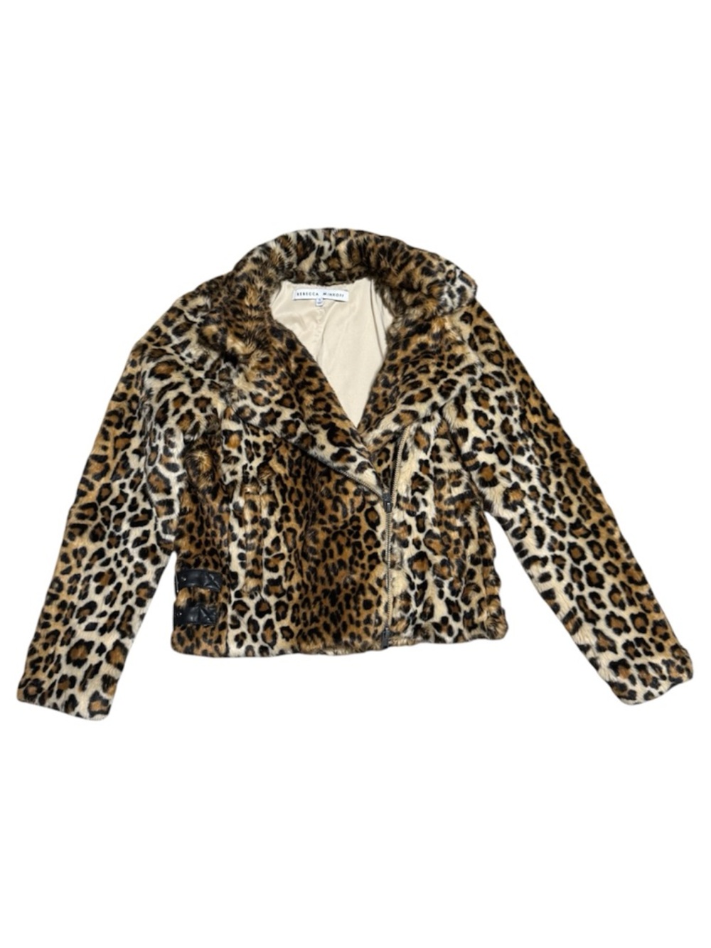 087 REBECCA MINKOFF Women’s Hudson Faux Fur Moto Jacket - Leopard Print Small - Picture 4 of 11